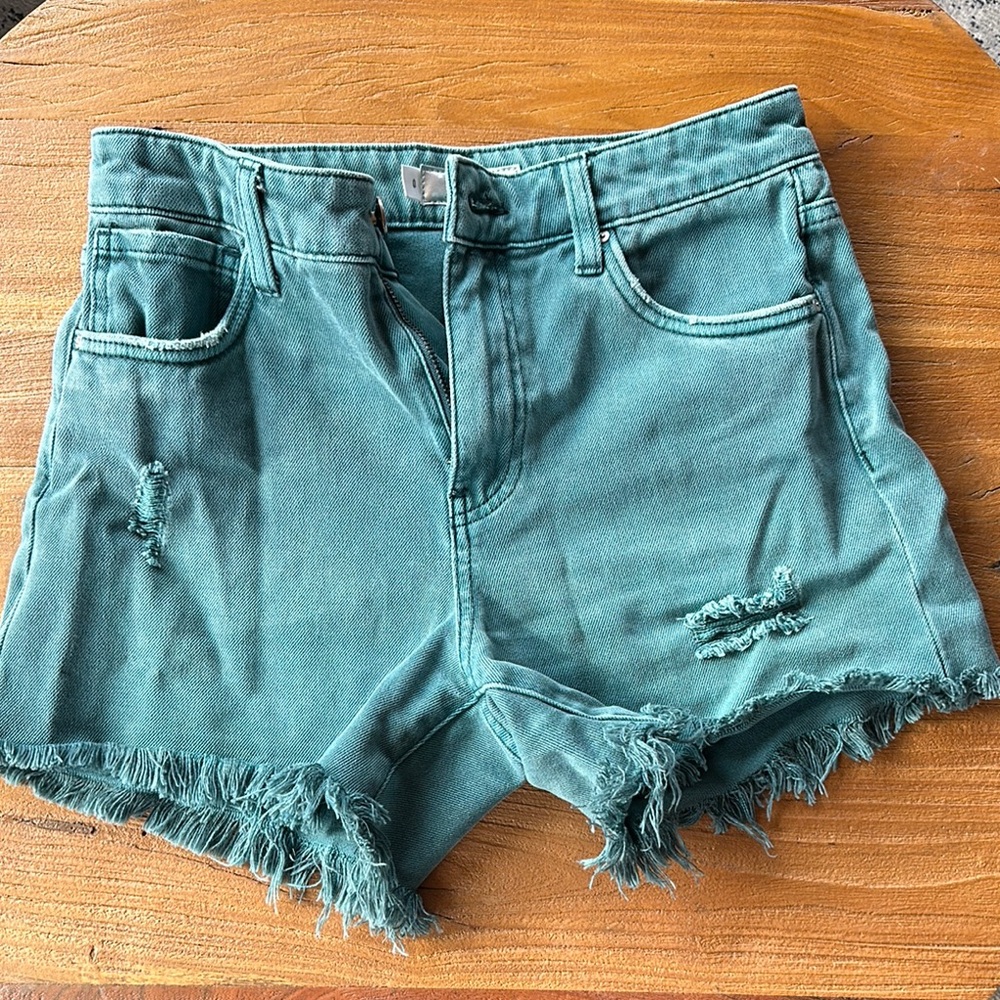 Teal Distressed Denim Shorts